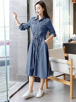 ミストレアス Denim Amerian Sleeve Long Dress utcoco Denim Dress for Women Long Sleeve Raw Hem Midi Jean